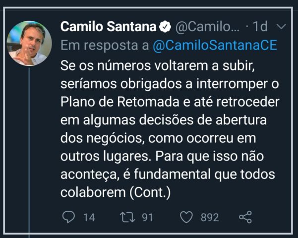 Governador menciona a possibilidade de cancelar o plano de retomada da economia durante a pandemia