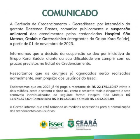 ISSEC informa a suspensão dos atendimentos nos hospitais São Mateus Otolab e Gastroclínica