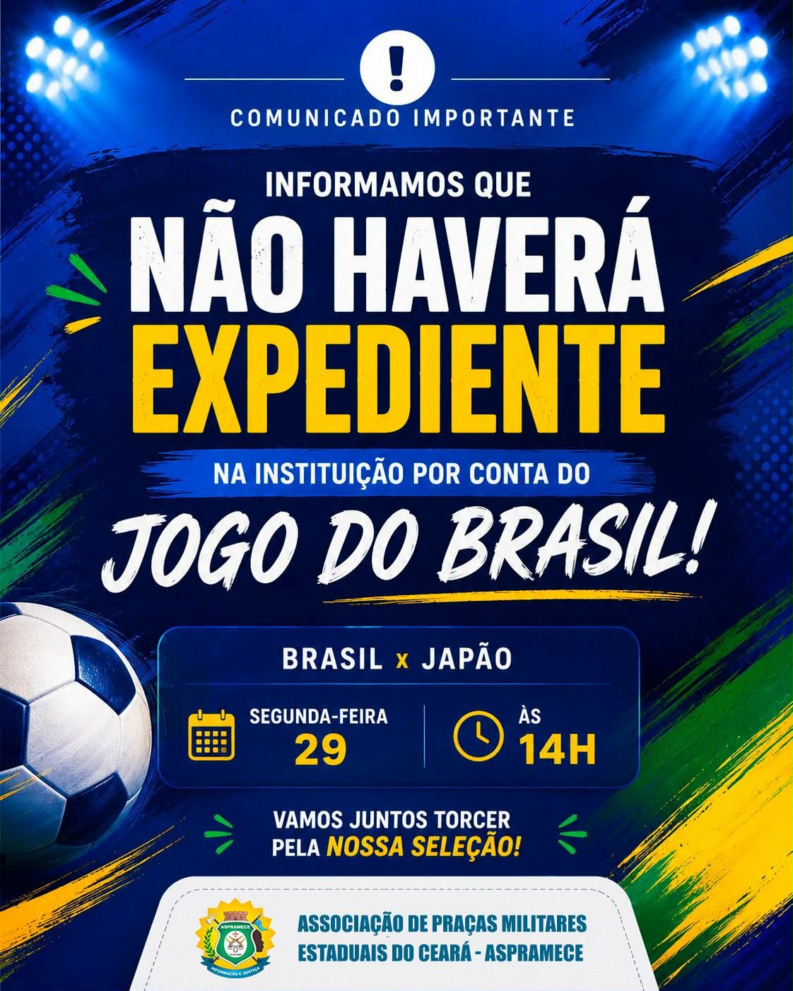Aspramece Informa: Devido ao jogo do Brasil não teremos expediente na próxima segunda-feira (29)